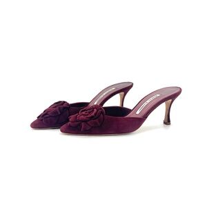 Manolo Blahnik Burgundy Suede Rose Embellished Pointed Toe Mules Pumps 36.5
